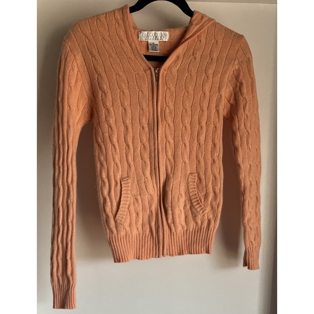 Collection Fiftynine Cashmere Zip-up Hoodie XS Peach Cable Knit Long Sleeve Luxe
